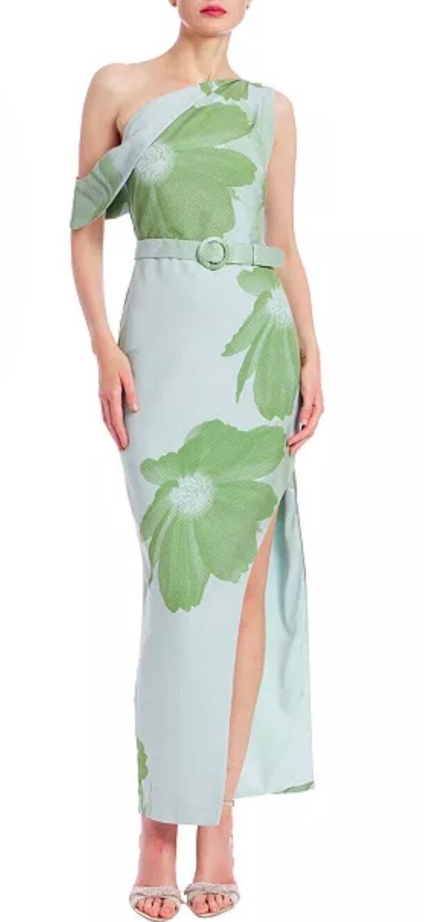 Jewel Badgley Mischka Floral Green Asymmetrical Belted Maxi Gown Dress 6 NWT